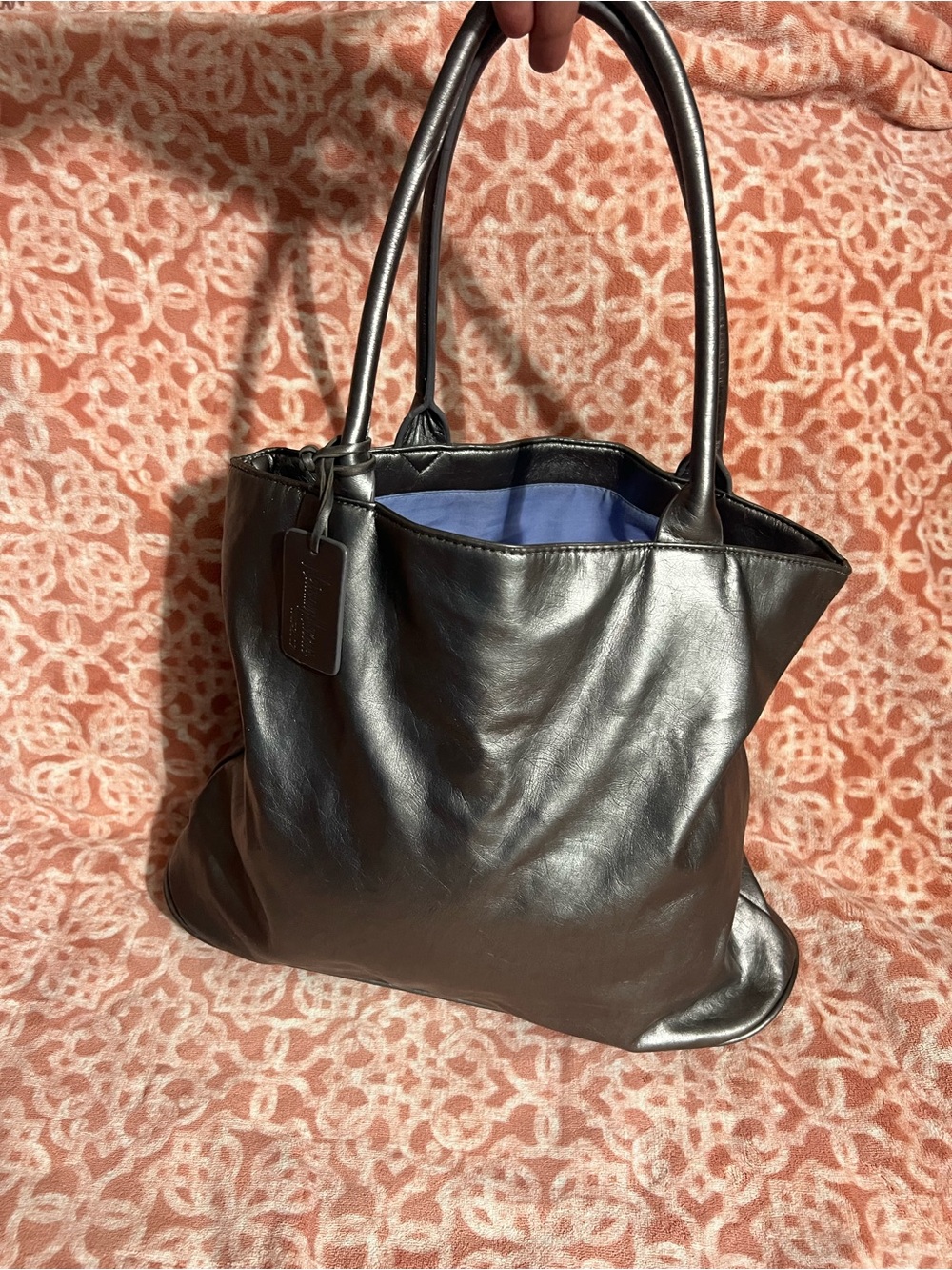 Neiman Marcus Black Leather Tote with Blue Interior